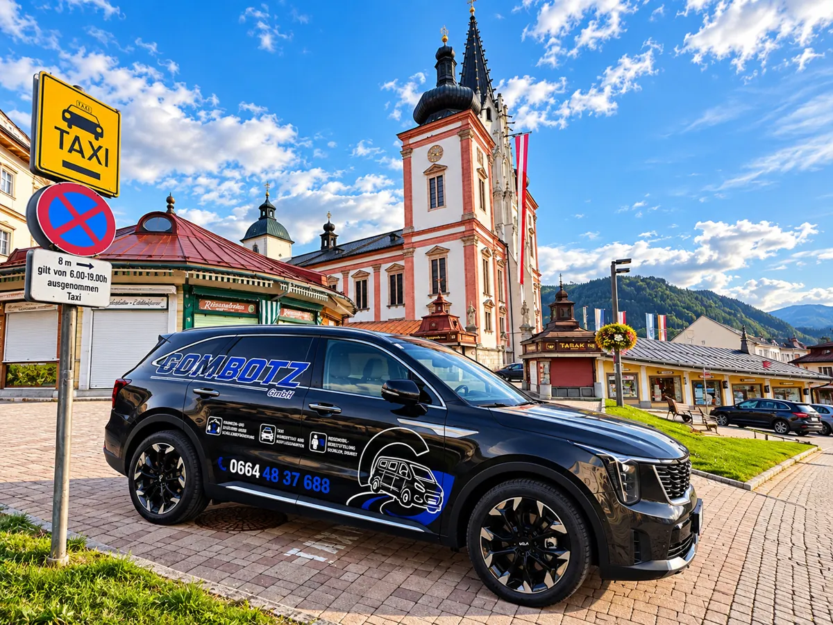 GOMBOTZ-Taxi, ein dunkler Kia Sorento mit Beklebung, am Taxistandplatz vor der Basilika Mariazell