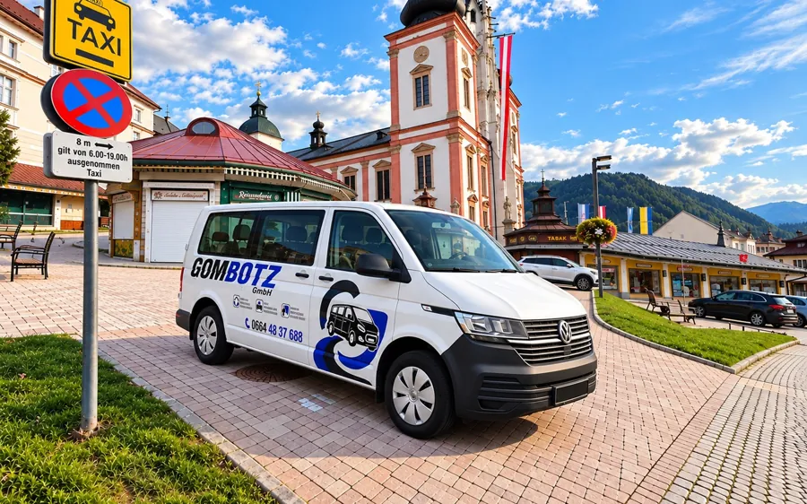Weißer VW T6.1 mit GOMBOTZ-Beklebung am Taxistandplatz vor der Basilika Mariazell
